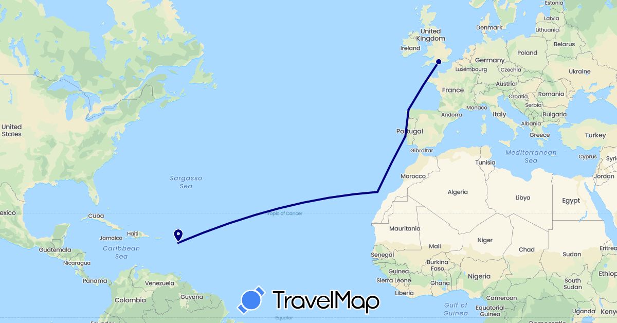 TravelMap itinerary: driving in Antigua and Barbuda, Spain, United Kingdom, Portugal (Europe, North America)